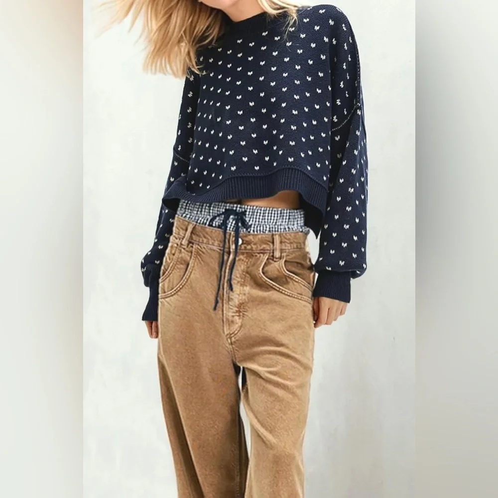 NWT Free People Easy Street Patterned Crop Pullover‎ Blue and White Sweater